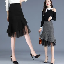 Новинка, Высококачественная шерстяная ткань, тянущаяся клетчатая юбка рыбий хвост, Осень-зима, Женская облегающая юбка, высокая талия, повседневная длина до колена, размер S-4X