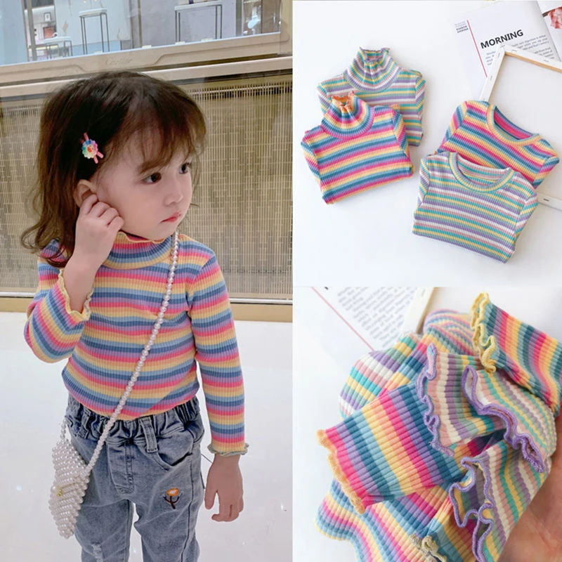 

Girls Cotton Bottoming Shirt High Collar Neck Striped Rainbow T-Shirt 2020 Autumn Winter Children Long Sleeve Kids Tops P2 065