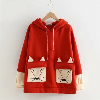 

Lychee Girls Fox Embroidery Pocket Women Fleece Hoodies Winter Lady Pullovers Patchwork Female Hooded Sweatshirt Tracksuit