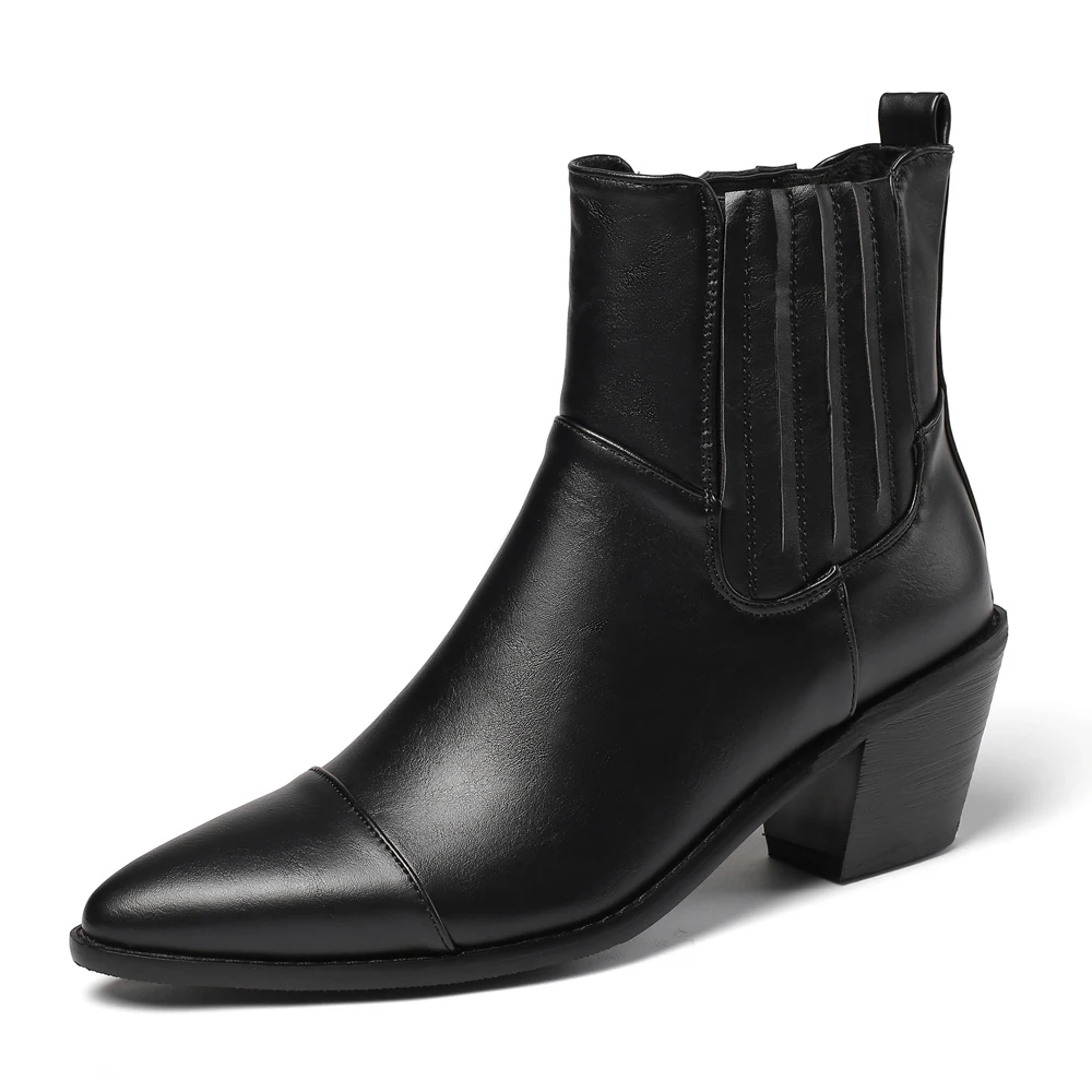 

Elastic Band Mesh Inner Pointed Toe Short Boots Retro Thick-Heeled Wine Red Women's Shoes Wedges With Chelsea Boots Brown