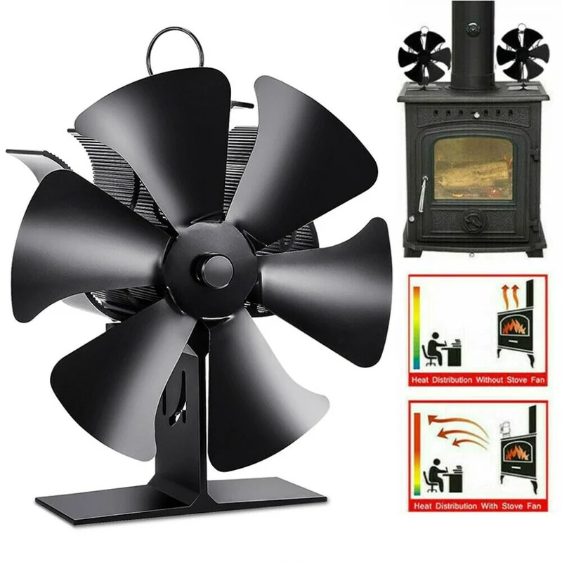 6 Blades Electricityless Blower Stove Fan Black Fireplace Heat Powered