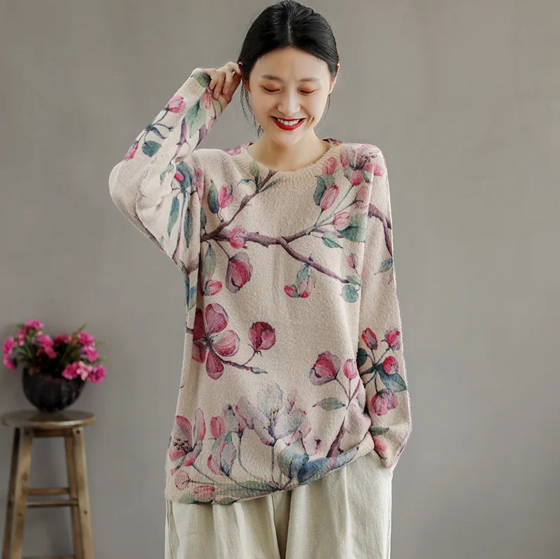 Autumn Spring Sweaters Women Chinese Style Printed Imitation Mink Loose Female Fashion Tops | Женская одежда