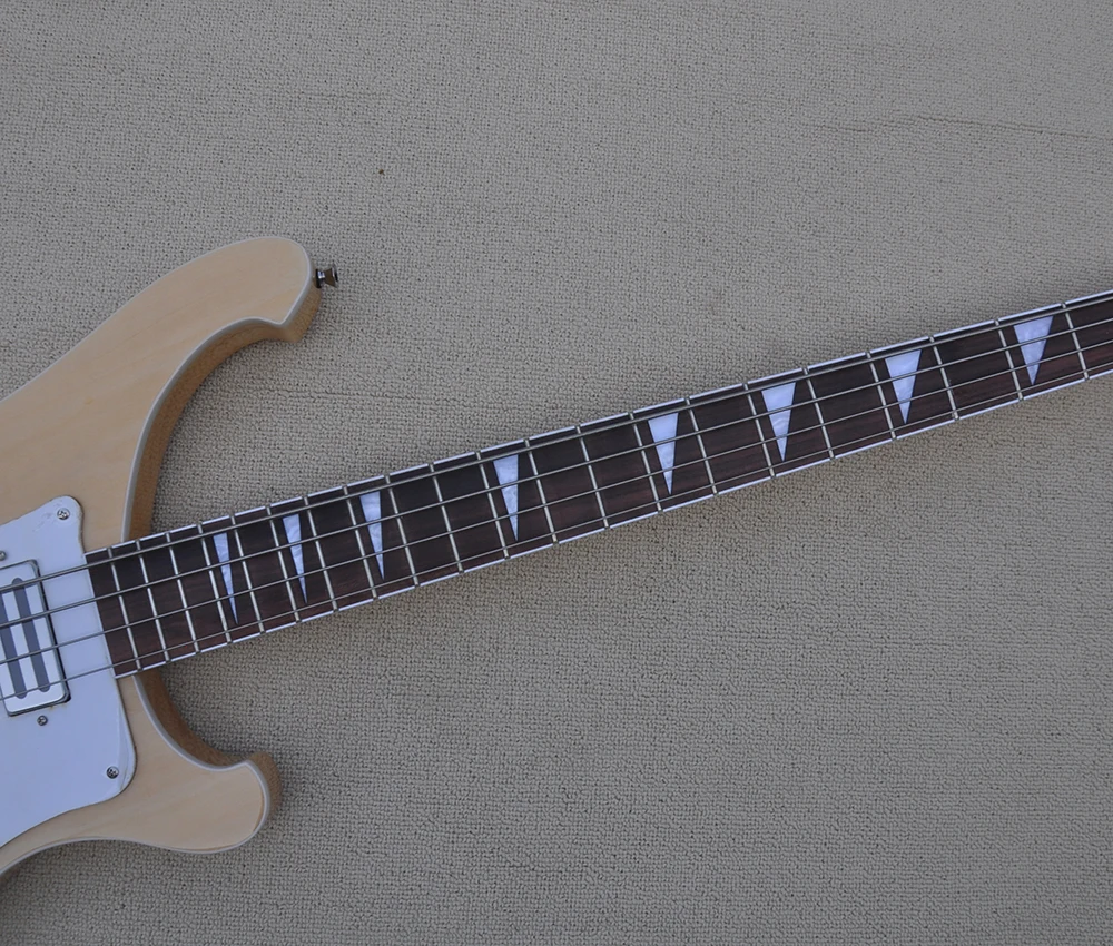 4 Strings Natural Wood Color Electric Bass Guitar with White Pickguard,Rosewood Fretboard