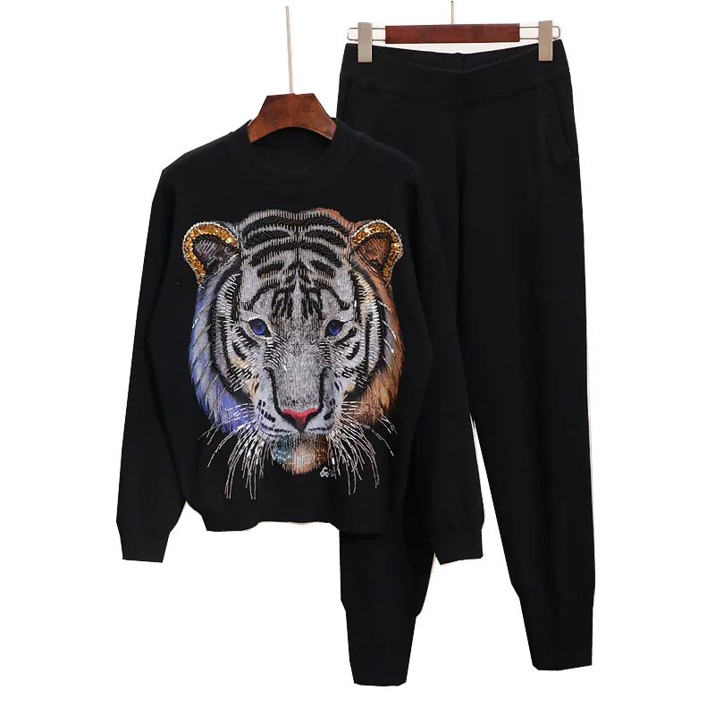 Вязаный комплект из двух предметов с принтом тигра и бисером, осень, свитер с длинными рукавами и узкие штаны, повседневный женский спортивный костюм