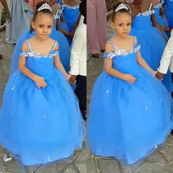 Красивое голубое Тюлевое платье с цветочным узором для девочек с сверкающие кристаллы Spghetti ремни для напольный, Свадебный Длина;