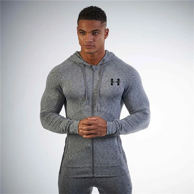 Jaqueta de corrida dos homens esportes casaco de fitness manga longa com capuz apertado hoodies Ziper fino caminhadas Толстовка - Цвет: Gray