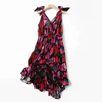 

2020 New Floral Women Sling Midi Dress Ladies Holiday V-neck Strap Irregular Sleeveless Female Pleated Long Dress For Beach