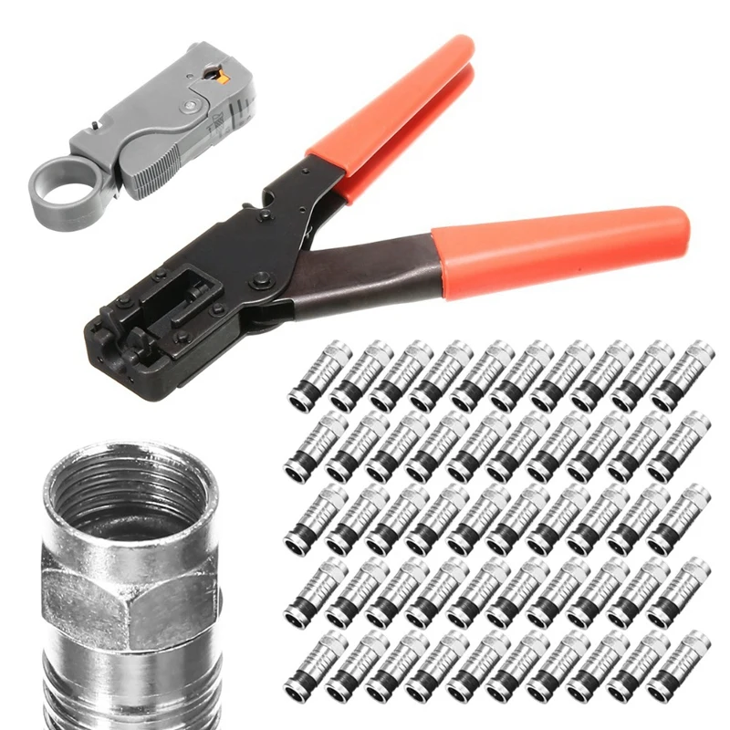 

1 Set Coaxial Cable Wire Stripper RG6/RG59 50Pcs Compression Connector Tool Crimping Pliers Wire Stripping Pliers Kit