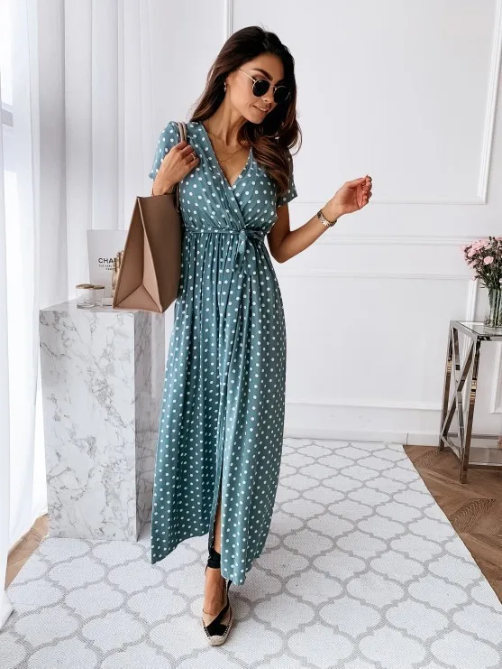 2022 Fashion Polka Dot Split Boho Dress V-Neck Women Casual Beach Vacation Long Dresses Vestido De Mujer black dress