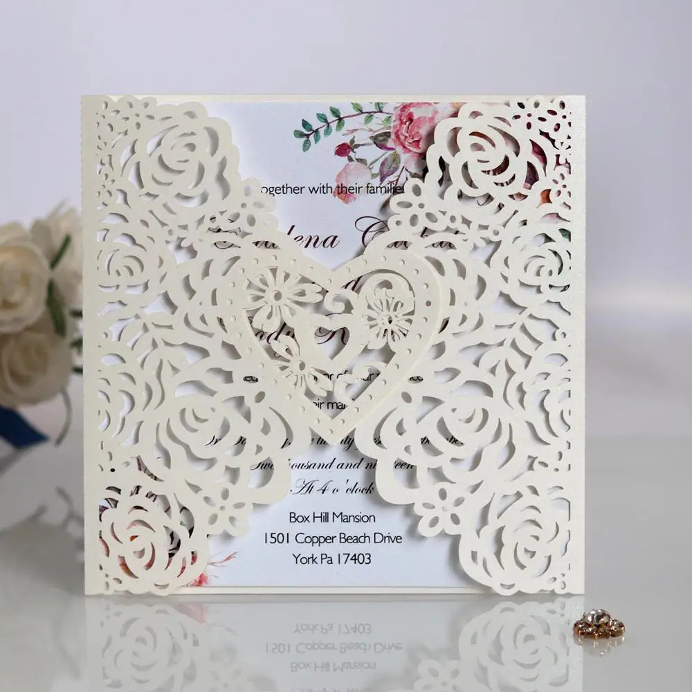  10pcs Pierced rose embossing laser invitation letter pearl paper invitation cards wedding business  - 4000505590678