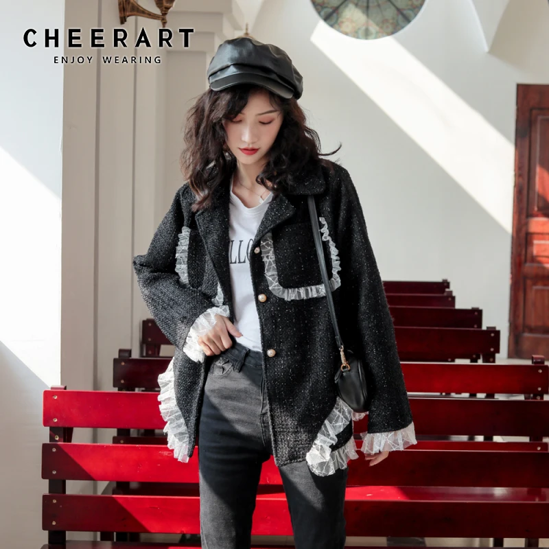 

CHEERART Tweed Blazer Women Black Designer Coat Long Blazer With Pockets Ladies Blazers And Jackets Patchwork Lace Autumn