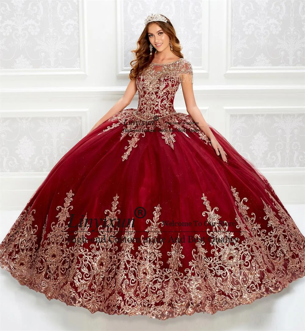 2022 Burgundy Quinceanera Dresses With Wrap Lace Floral Applique Beads Ball Gown Vestidos de 15 años Customized Sweet 16 Dresses