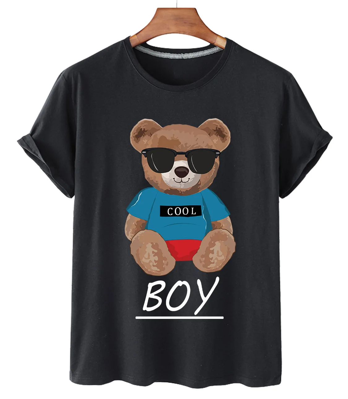 

Pure Cotton Sunglasses Cool And Handsome Bear College Style Printed T-shirt Women 0-neck Loose Short-sleeved Plus Size T-shirt