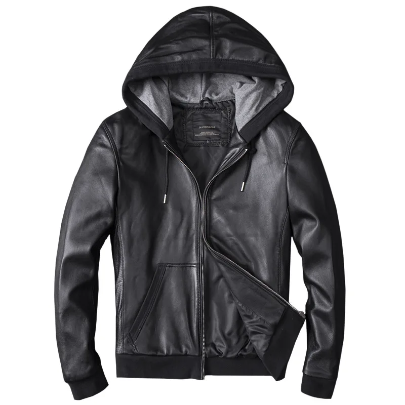 

Men's Real Leather Jackets Soft Sheep Skin Leather Coat Genuine Leather Hooded Jacket for Male