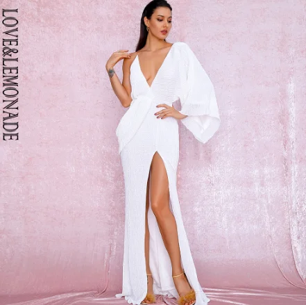 WHITE LOVE&LEMONADE Сексуальное розовое золото v-образным вырезом с одним рукавом с блестками Сплит Вечерние платья макси LM81848 - Цвет: WHITE