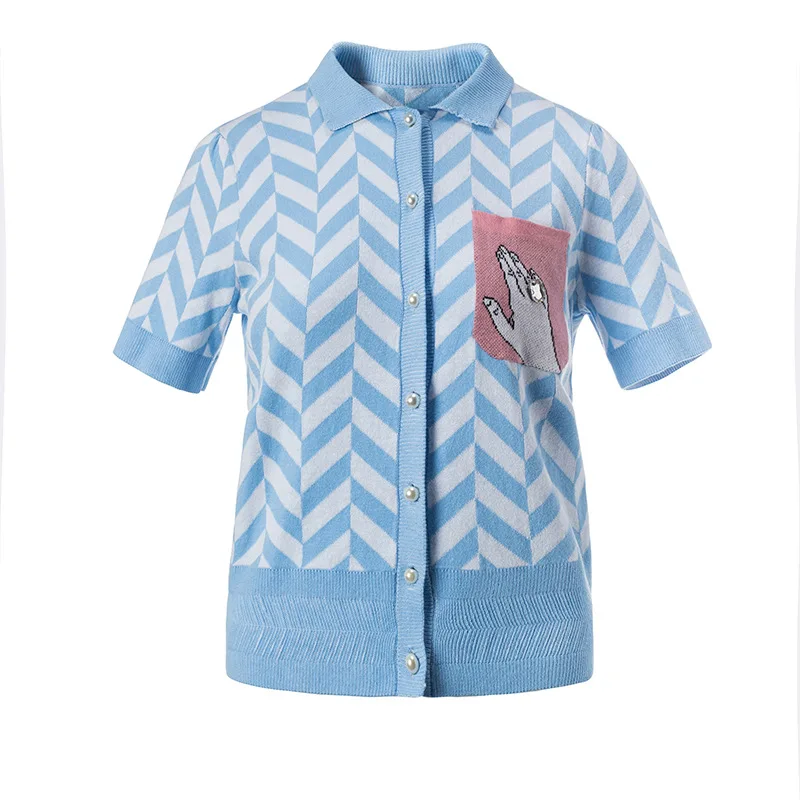 Высококачественный полосатый свитер с ручной вышивкой, розовый, синий, с коротким рукавом, с жемчугом, с одним рукавом, хлопок, шерсть, женский кардиган, S-L - Цвет: Синий