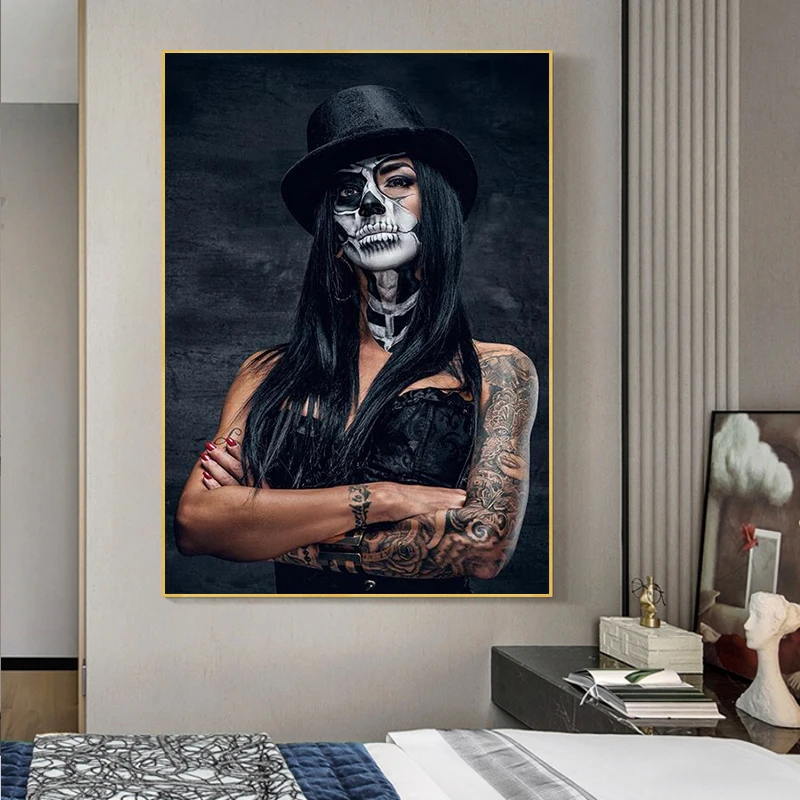 Black Hat Skull Tattoo Sexy Cool Girl Woman Poster Modern Pop Art Canvas Painting Print Pretty Frail Portrait Paintings for Home | Дом и сад