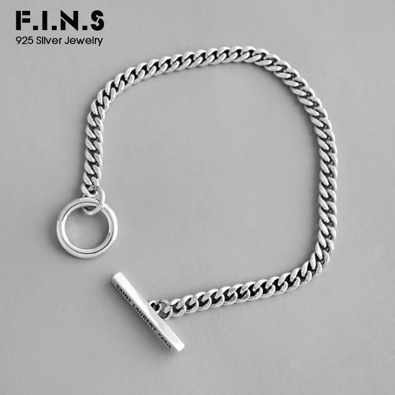 

F.I.N.S Korean S925 Sterling Silver Necklace Retro Old Geometric Circle Bar Link Chain Bracelet Silver Female Costume Jewelry