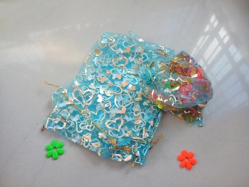 Голубое сердце из органзы, 7x9 см, 500 шт., упаковка для ювелирных изделий, демонстрационные сумки, Подарочная сумка на шнурке, мешочек для ювелирных изделий, сумка для браслетов