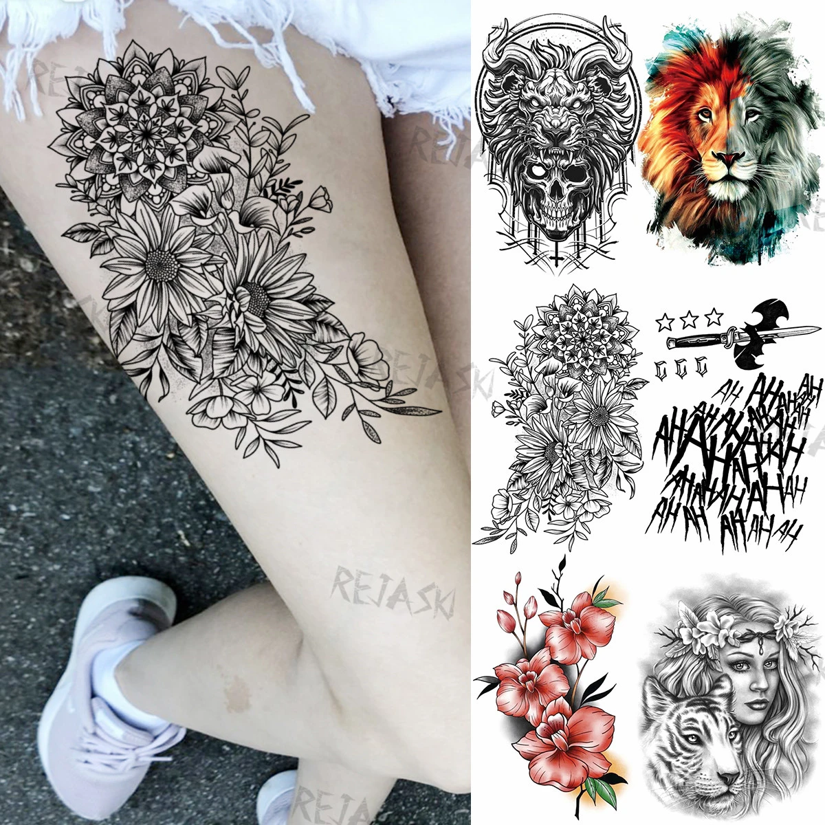 Henna Sun Flower Temporary Tattoos For Women Men Adult Realistic Lion Wolf  Skull Tattoo Sticker 3d Halloween Thigh Tatoos Leg - Temporary Tattoos -  AliExpress