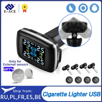 

E-ACE Car TPMS Tire Pressure Monitoring System Smart Display Alarm Monitoring System USB Charging Auto Security With 4 Sensors