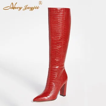 

Red Croc Knee High Boots Chunky High Heel Pointed Toe Sexy Ladies Dress Party Shoes Womens Size 12 13 2019 Winter Zipper Luxury