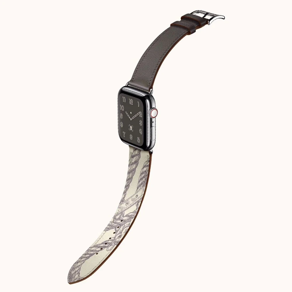Ремешок из натуральной кожи с принтом для iWatch Series 5 4 3 2 1 Apple Watch Band 44 мм 40 мм 42 мм 38 мм - Цвет ремешка: Gray Single Circle