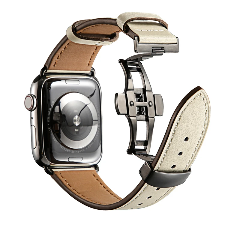 Ремешок из коровьей кожи для Apple Watch 44 мм iwatch series 5 4 3 2 1 Роскошная стальная пряжка 42 мм петля 38 мм Замена браслета 40 мм - Цвет ремешка: Beige Black