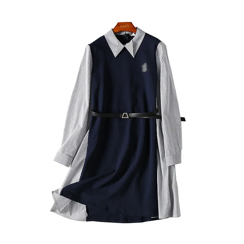 

A Generation Stripes Mock Two-Piece Joint Belt Waist Hugging Fold-down Collar Jersey Dress Women's Entity