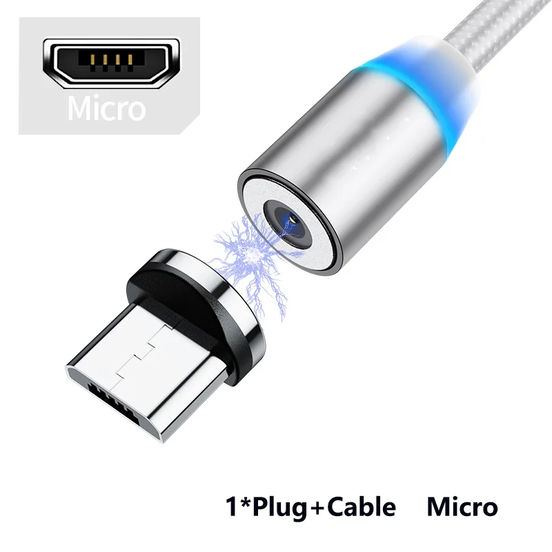 Micro Cable-Silver 1 м светодиодный магнитный usb-кабель для iPhone Xs Max 8 7 6 и кабель USB type C и кабель Micro usb для samsung Xiaomi huawei автомобильный телефонный кабель - Название цвета: Micro Cable-Silver