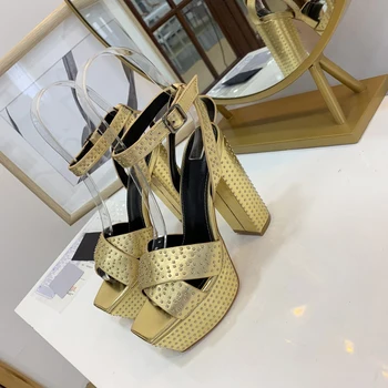 

Women Gold Rivet Super High Heels Sandals Comfy Chunky Sole Summer Dress Shoes Woman Runway Party Peep Toe Platform Shoes Femme