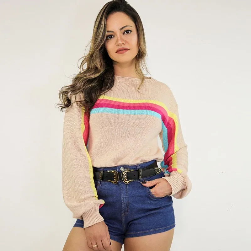 

DeRuiLaDy Fall New Womens Sweater Winter Street Tops Crew Neck Loose Fashion Sweaters Vintage Splice Stripe Long Sleeve Women