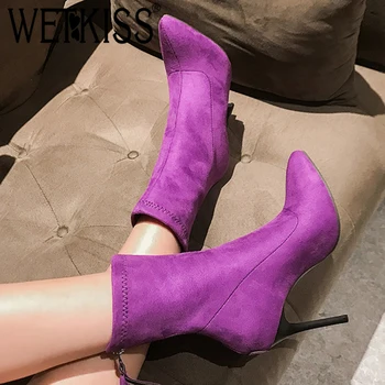 

WETKISS High Heels Thin Boots Women Flock Ankle Booties Zip Shoes Female Pointed Toe Party Shoes Ladies Winter Plus Size 48