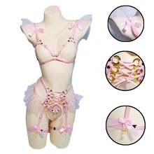 Розовый бантик, шифоновый бюстгальтер, каваи, открытый бюст, топ, связывание, клетка для тела, белье, пастельный, панк, пояс для тела, Женский подвязка