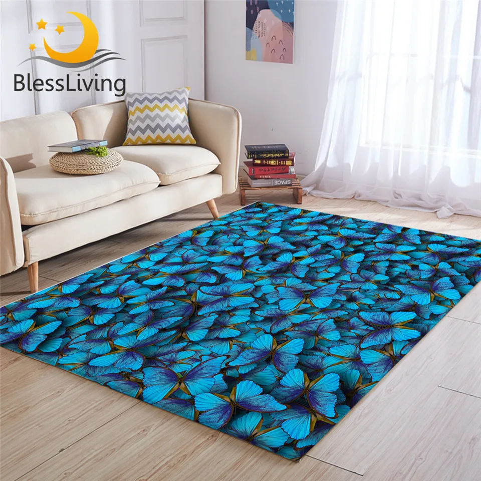 4' x 6' BlessLiving Butterfly Area Rug Soft 3D Blue Watercolors Splashed Printed Floor Mat Ocean Shore Reversible Large Carpet for Bedroom Kitchen Living Room