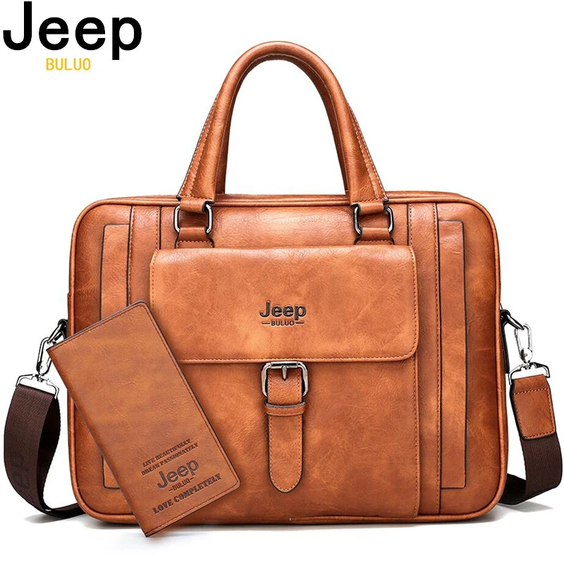 Мужская деловая сумка JEEP BULUO Черный дорожный портфель из спилка с плечевым ремнем