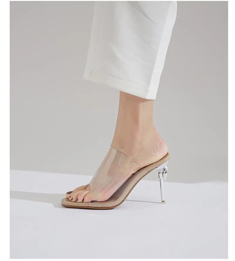Crystal Transparent Women Slippers Peep Toe High-Heeled Slides Thin Small Heel Clear Shoes Woman Sexy Pointed Toe Summer Sandals (1)
