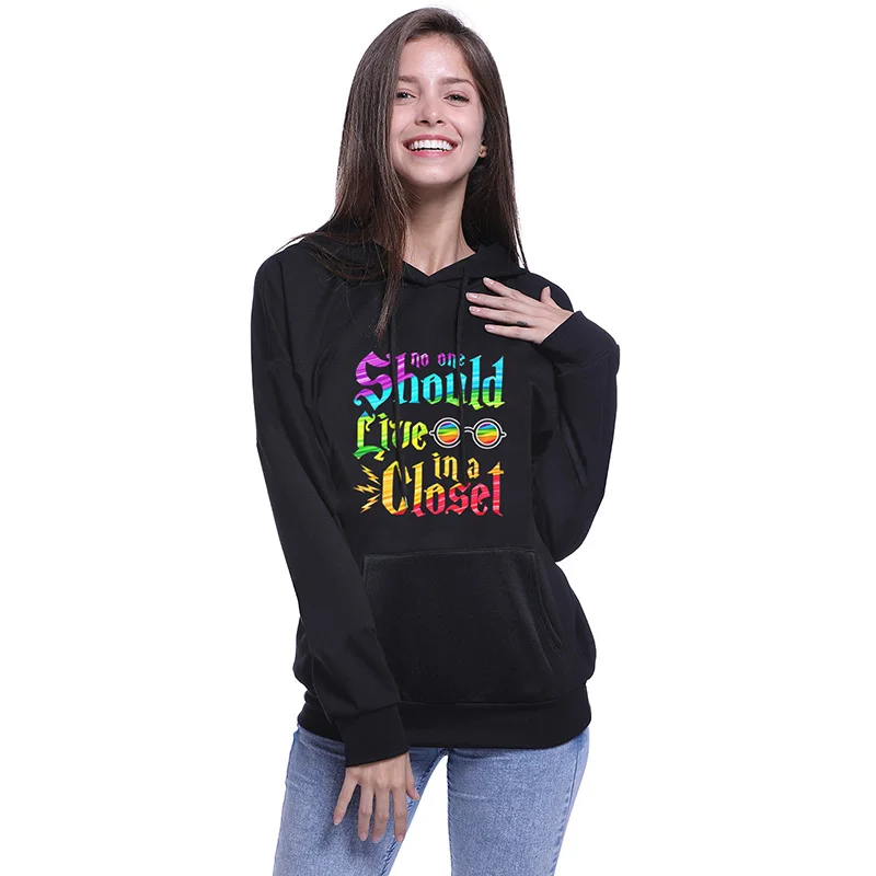 No One Should Live In A Closet Letter Print Hoodies Rainbow Colourful LGBT Hoodie Sweatshirt Jumper Women S-XL