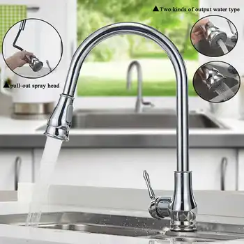 

Chrome Pull Out Spout Kitchen Tap Mixer Faucet Kitchen Sink Mixer Tap with Stream Sprayer Head Single Hole