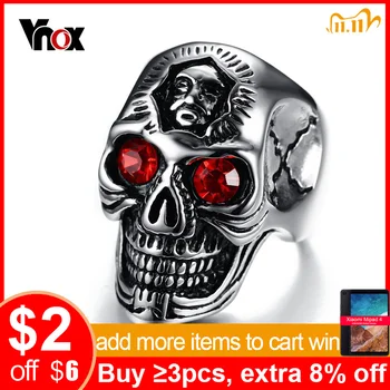 

Vnox Mens Skull Ring Hiphop Stainless Steel Skeleton Rings for Men Jewelry with Red Stone Halloween Undead Decorations