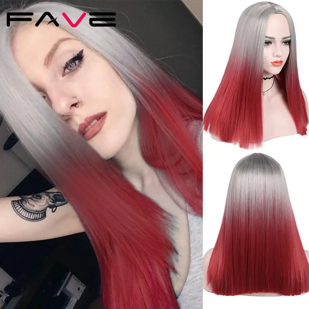 

Fave Gray Red Straight Wigs Ombre Black blonde For Women Daily Party Replacement Cosplay Synthetic Hair Heat Resistant Fiber