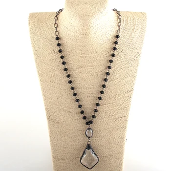 

Fashion Bohemian Jewelry Black Gun Plated Chain Black Glass Rosary Chain Pendant Cross Necklaces
