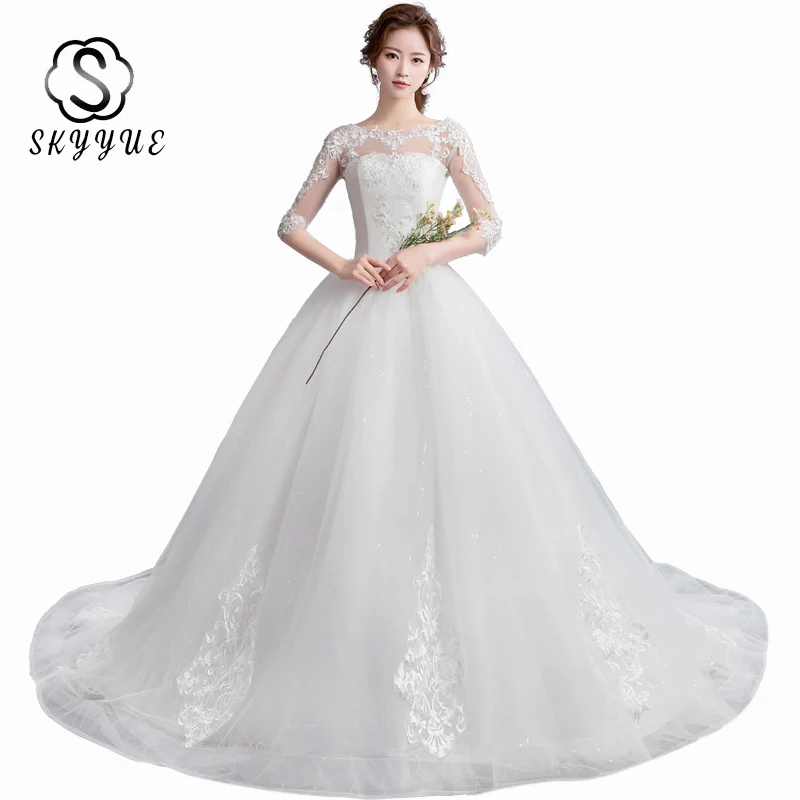 

Elegant Pearls Wedding Dresses Skkyue BR708 Embroidery Lace Wedding Gowns 2020 Three Quarter Sleeves O-neck Vestidos De Novia