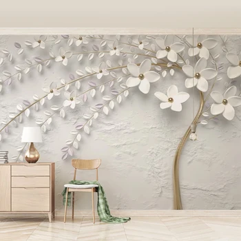 

2020 Beautiful White Wallpaper 3d Stereo Relief Flower Branch TV Background Wall Paper For Living Room Bedroom Murals Home Decor