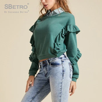 

Sbetro Women Ruffle Trim Contrast Striped Collar 2 In 1 Pullover