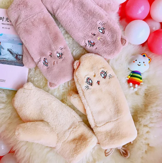 Winter warmth with fluffy thick full finger kitten gloves J03