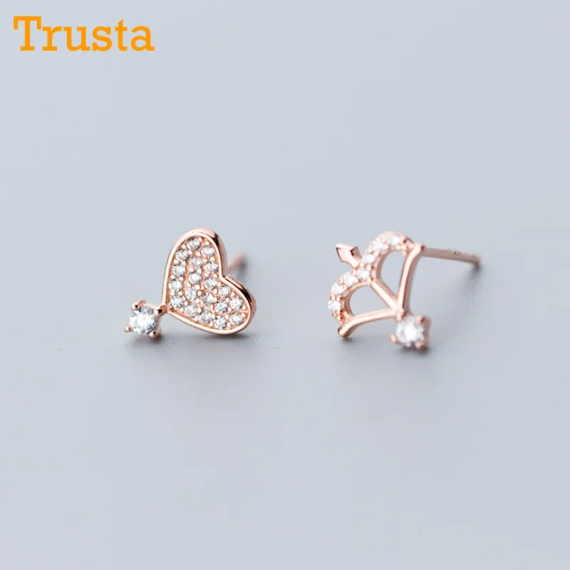 

Trusta 100% 925 Solid Sterling Silver 2018 Women Fashion Tiny Asymmetric Heart Arrow CZ Stud Earrings For Daughter Girls DS862