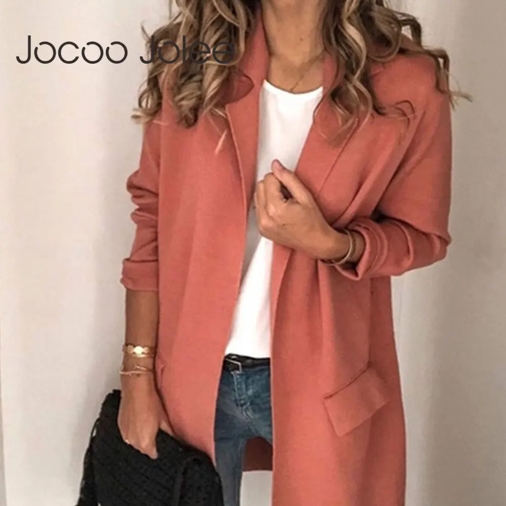 

Повседневный однотонный Блейзер Jocoo Jolee с длинным рукавом, винтажные Длинные куртки для офиса, женское деловое пальто в стиле Харадзюку, Минималистичная одежда для работы, блейзер
