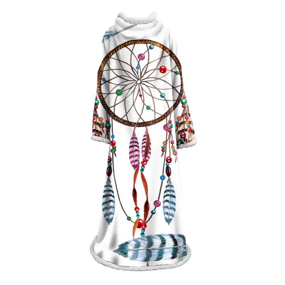

3d Printing Velvet Plush Throw Sleeve Blanket Watercolor Sherpa Blanket For Couch Dreamcatcher Feathers Printed Soft Throw