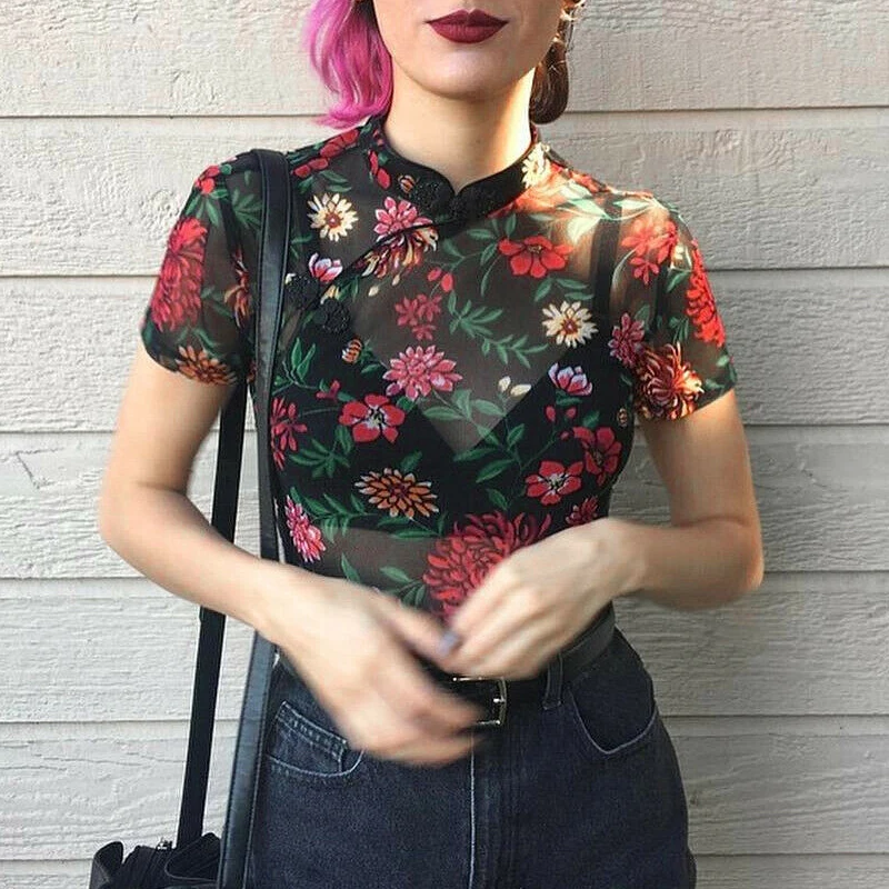 

Fashion Women Summer Floral Crop Top Sheer Mesh Short Sleeve Tank see through Tee Ladies tunique femme Dames Streetwear